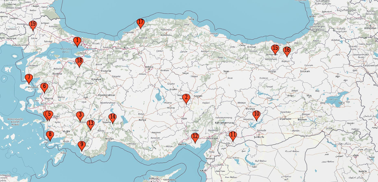 Map of places to visit in Turkey Map of places to visit in Turkey