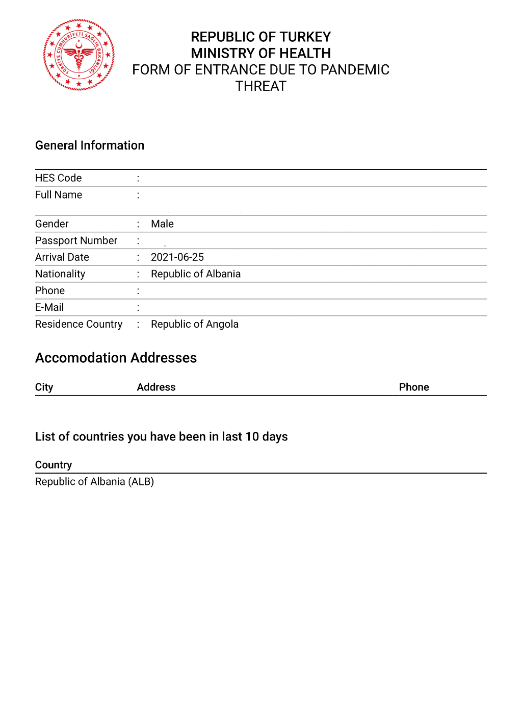 Form for Entry to Turkey PDF Form for Entry to Turkey PDF