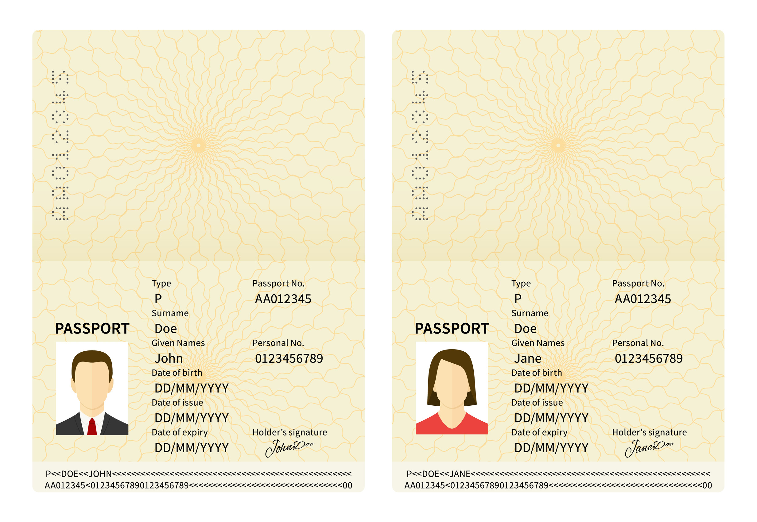 male and female open passports vector identity document id with person photo male and female open passports vector identity document id with person photo